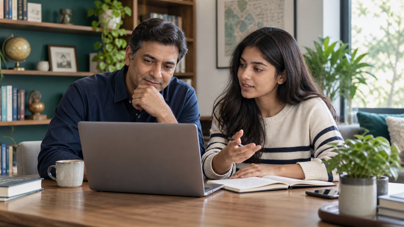 A parent and student reviewing higher-education options together