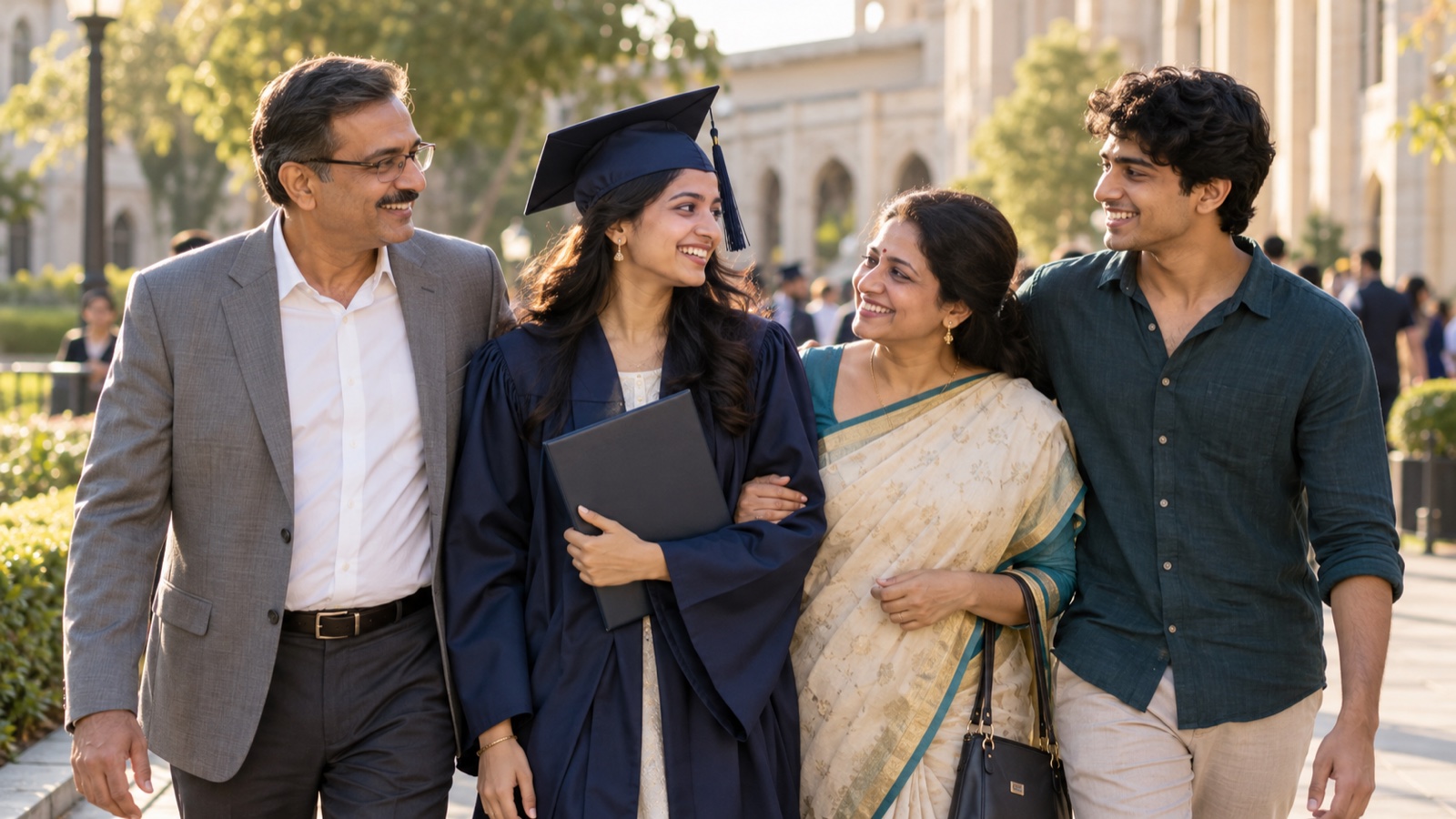 A successful graduate celebrating with their proud family